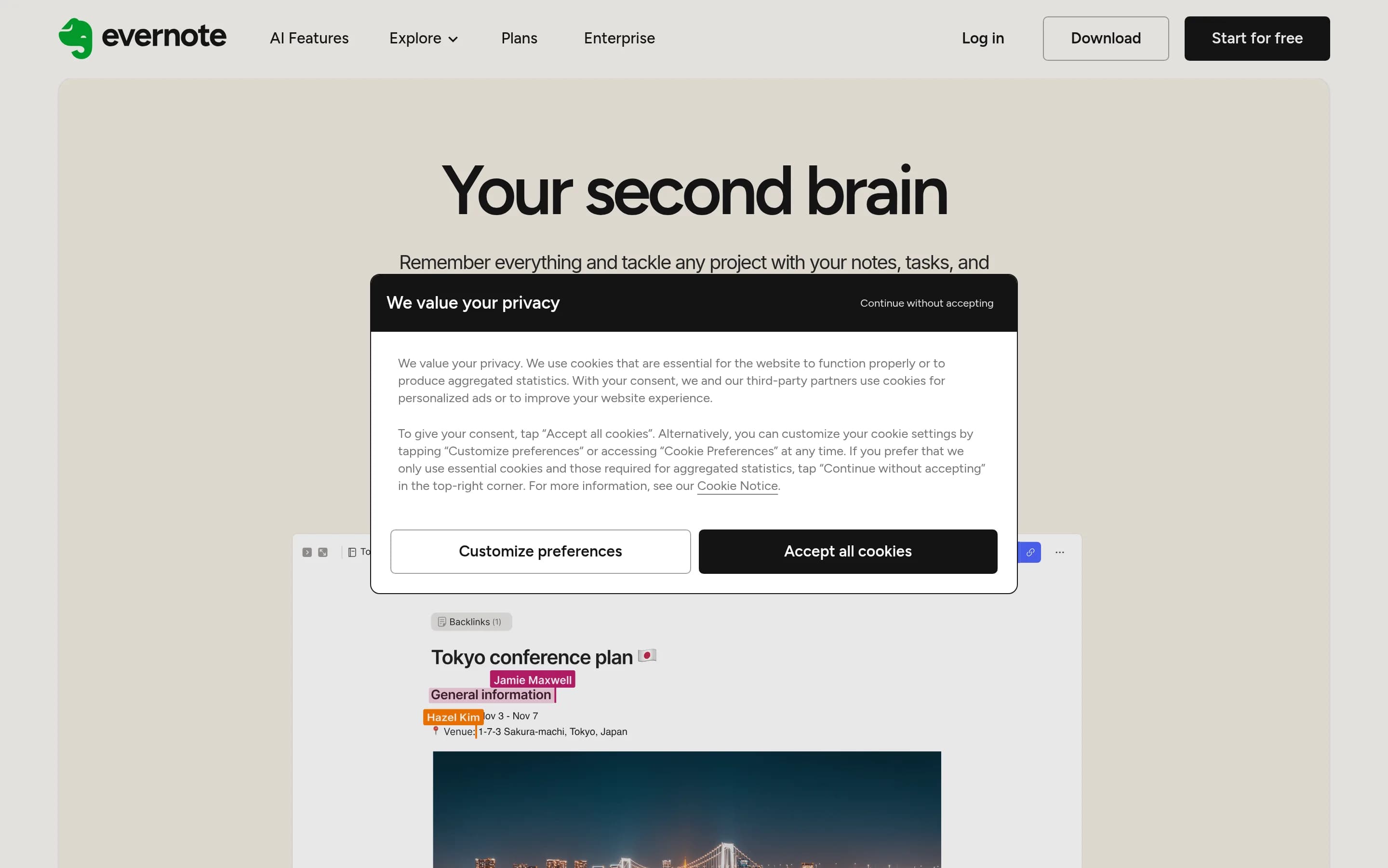 Evernote website screenshot