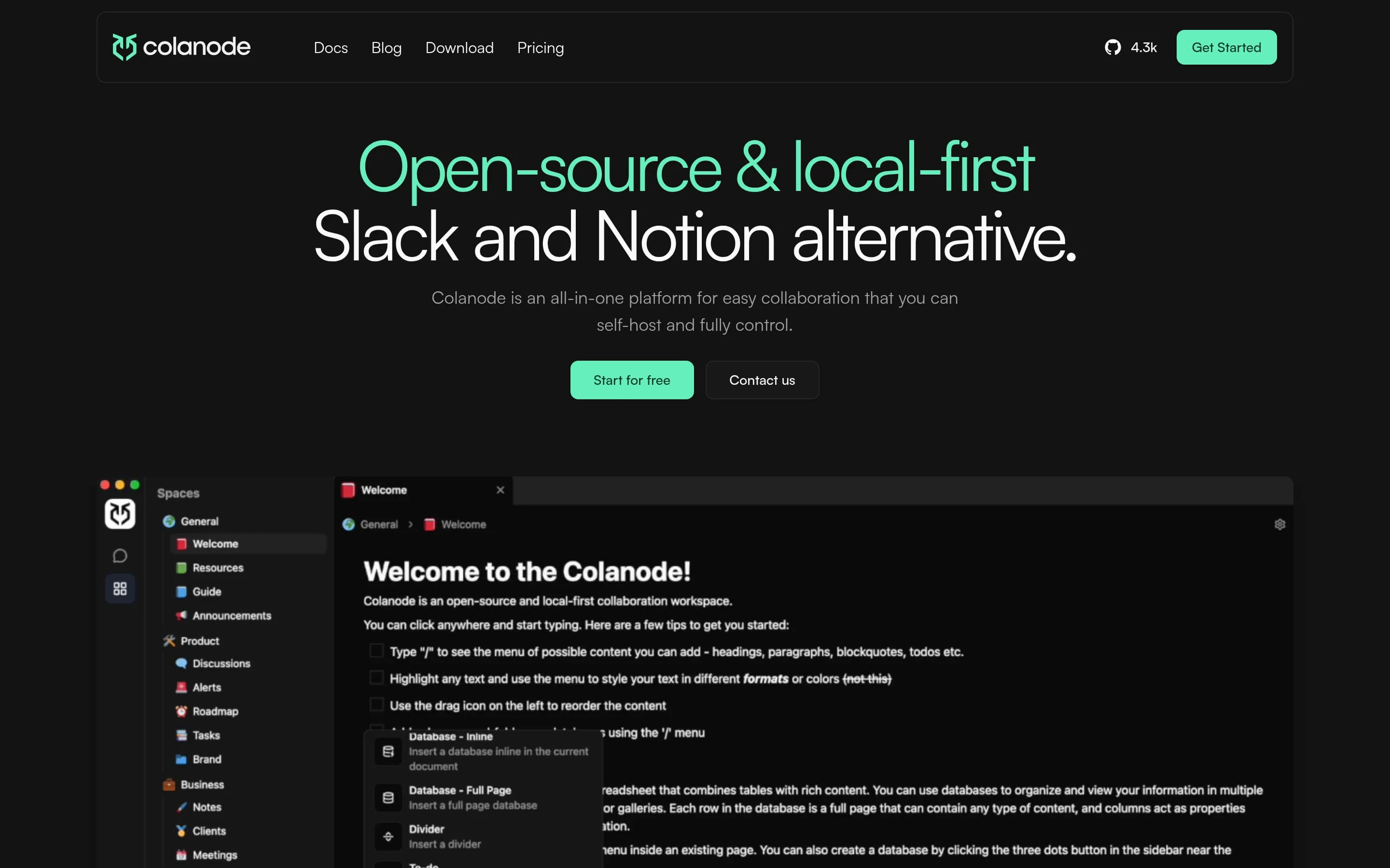 Colanode website screenshot