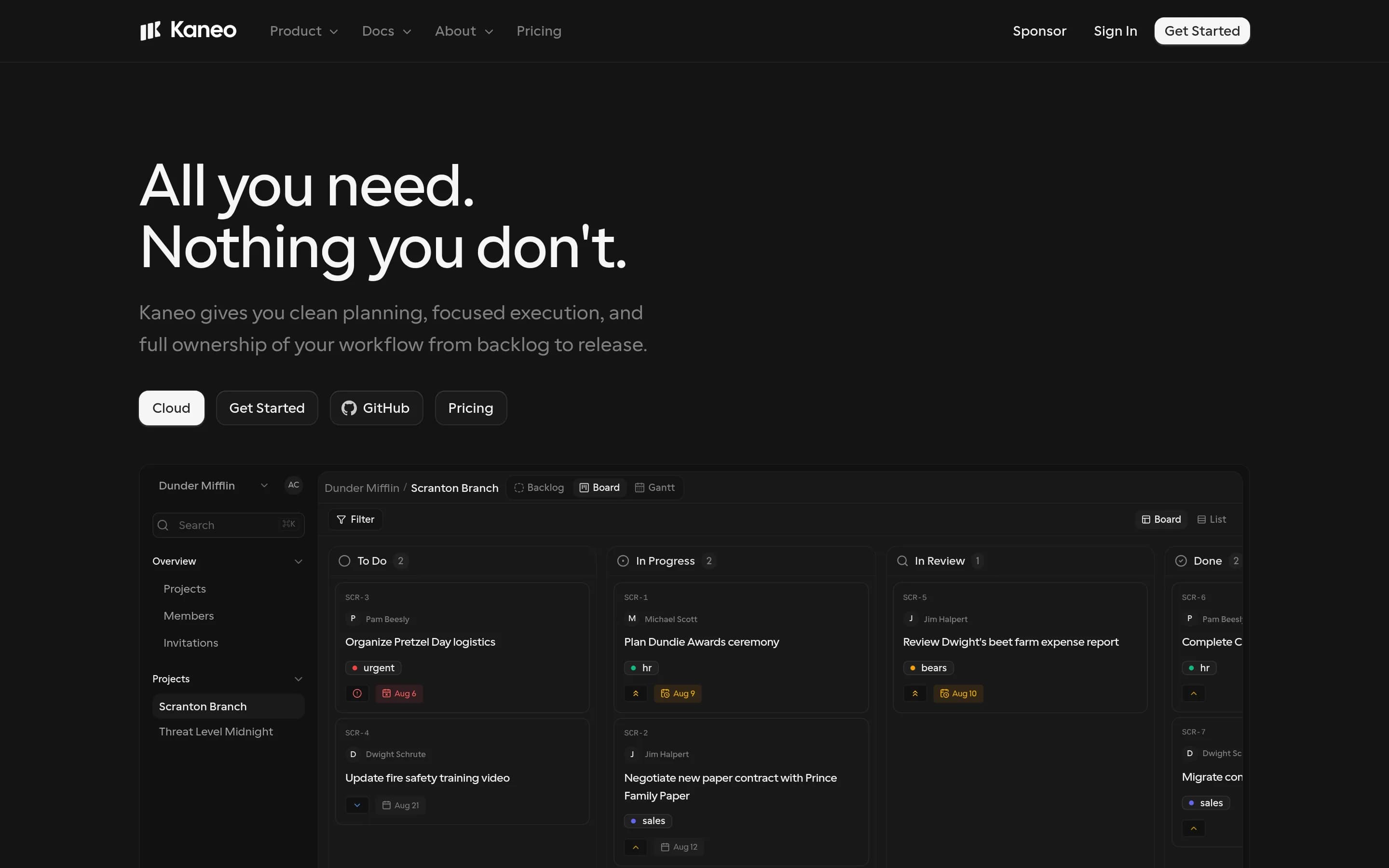 Kaneo website screenshot