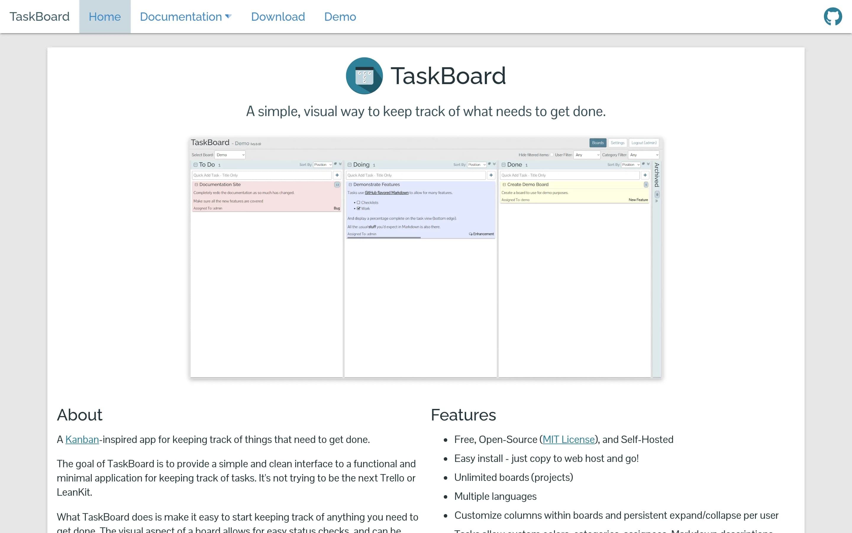 TaskBoard website screenshot
